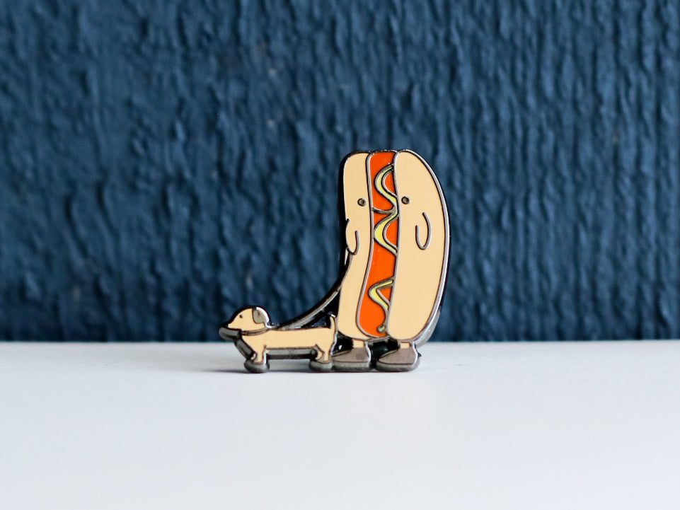 Hot Dog Walking a Weiner Dog Enamel Pin